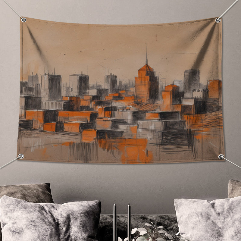 Tapisserie murale orange, paysage urbain, 104 po H x 88 po avec 4 œillets