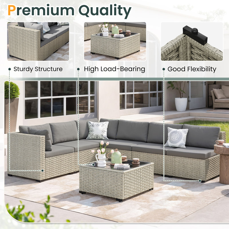 Demasi 6-Person Patio Furniture Set With Comfortable Cushions And Glass Table, Dark Gray