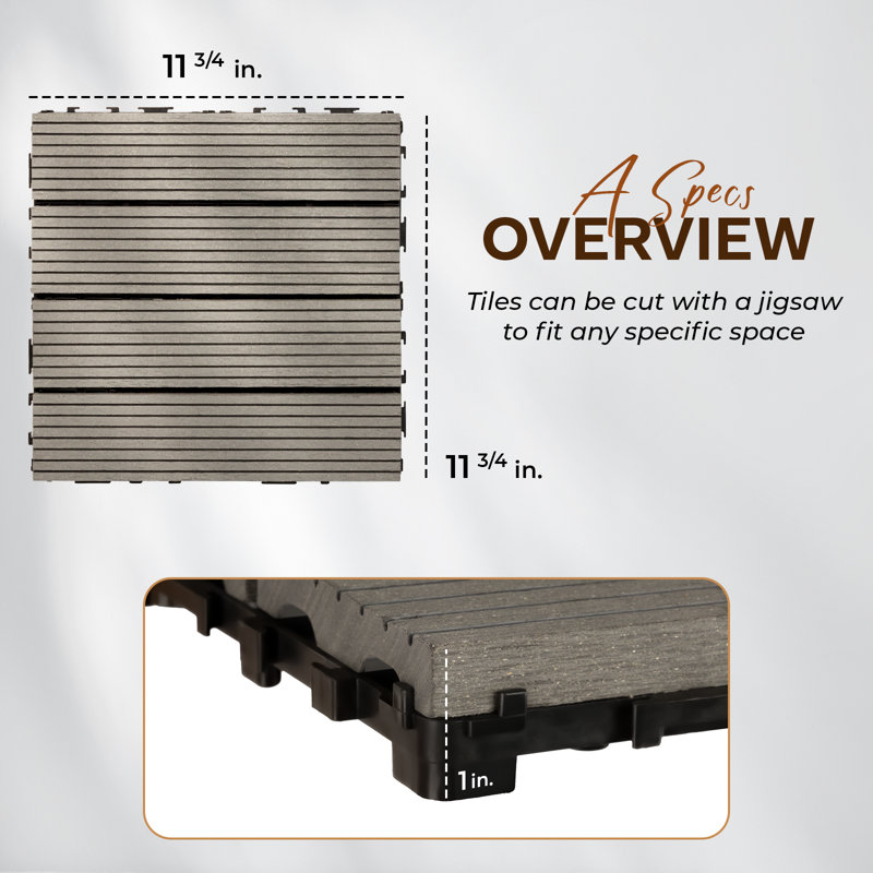12'' L x 1'' W Composite Interlocking Deck Tile 2 colors (10 pcs), Gray