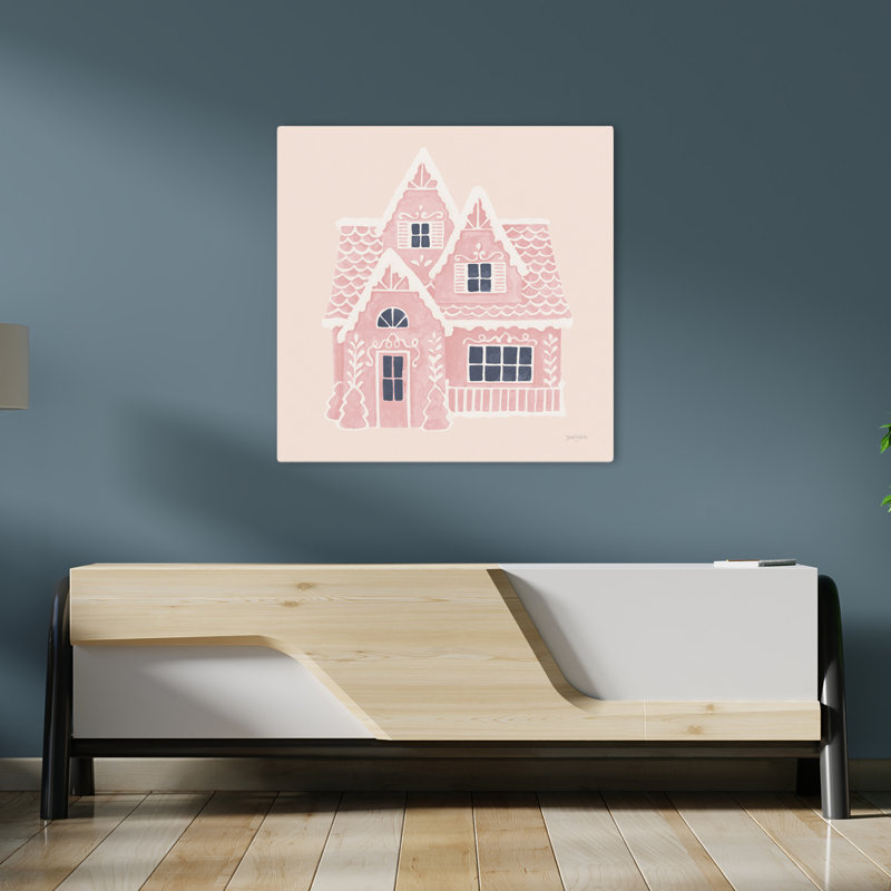 «Gingerbread Dream House Ii», art contemporain carré rose, H 36 po x l 36 po