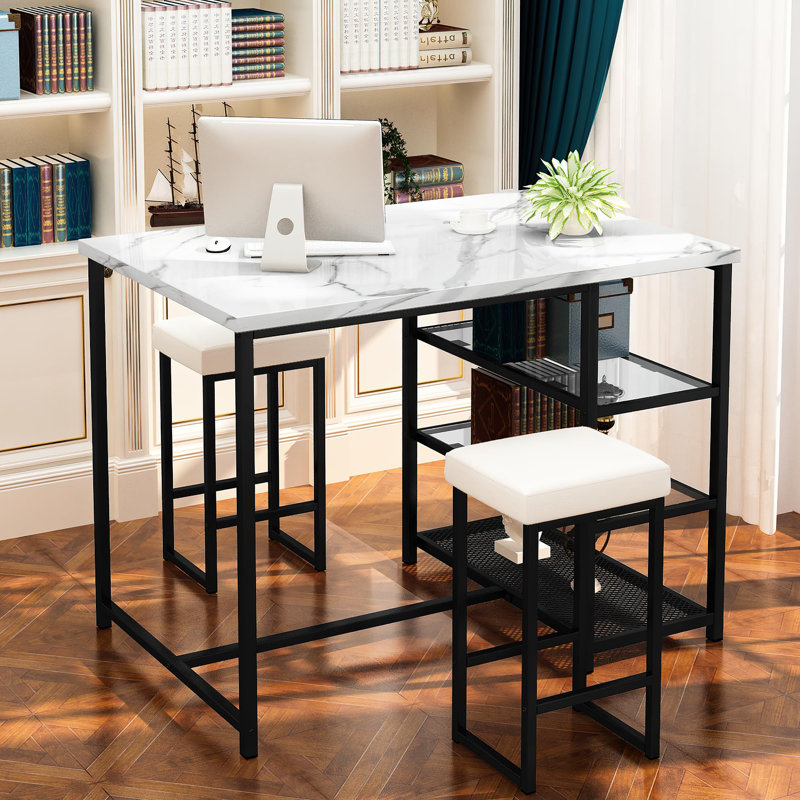 Dining Table Set for 2, Kitchen Island Bar Table Set with Storage, Faux Marble Table and 2 Stools