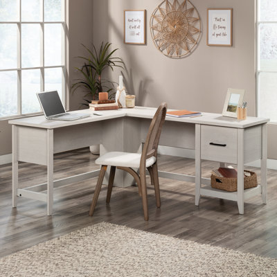 Bureau d'angle en L de style transitionnel avec tiroir à dossiers suspendus, finition blanche, montage facile, format compact, étagère ouverte, idéal pour les séances d'étude.