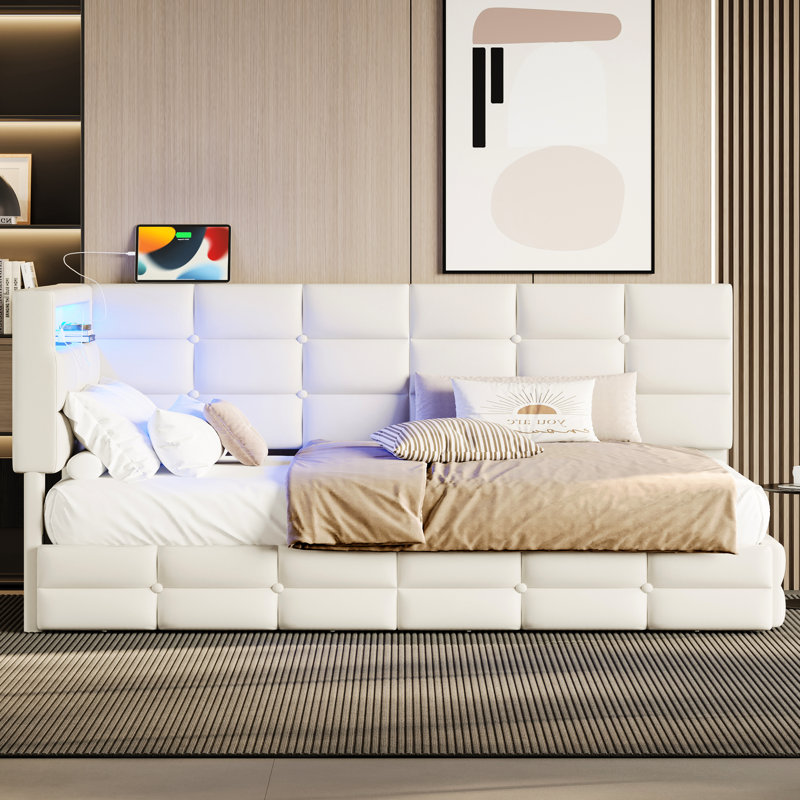Lit de jour simple avec 2 tiroirs, station de charge et lumières à DEL - Revêtement beige pour une organisation pratique de la taille d'une chambre à coucher