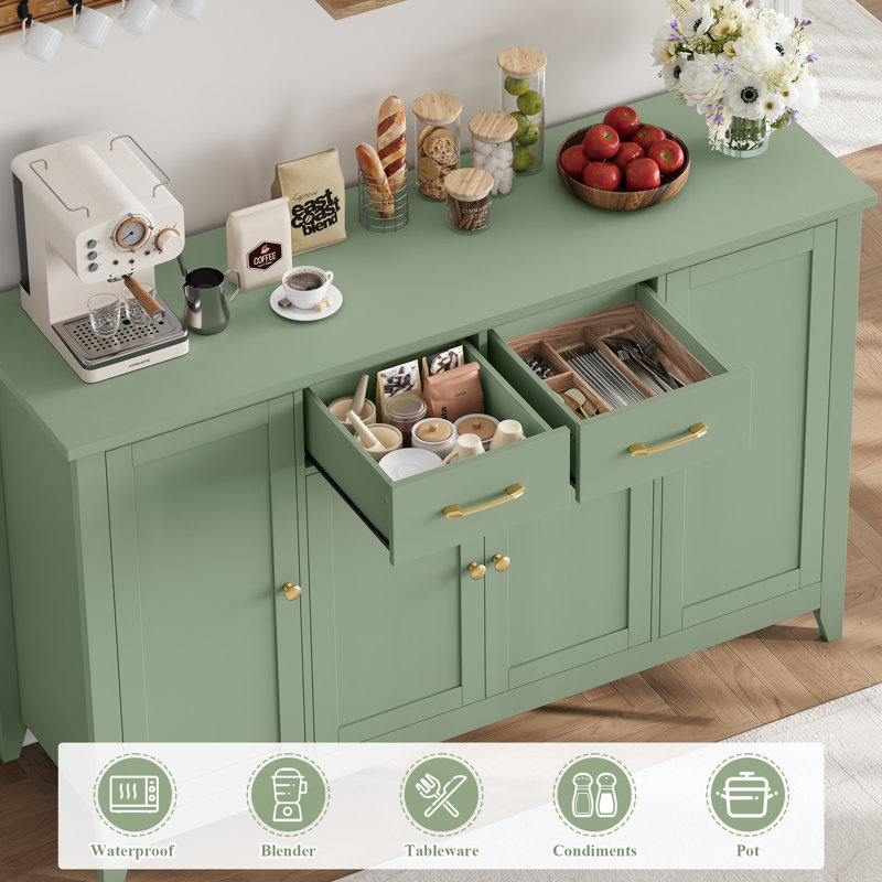 4 Door Accent Cabinet With 2 Drawers, Adjustable Shelves, Green