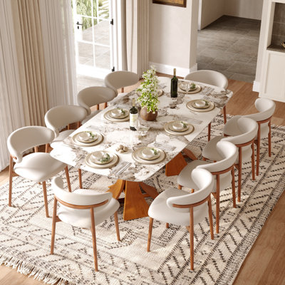 Ensemble de table de salle à manger à piédestal double et rectangulaire en pierre frittée de style Mid-Century 7/9/11 de 87 po / 94 po avec chaises de cuisine en bois massif pour 6 à 10 personnes