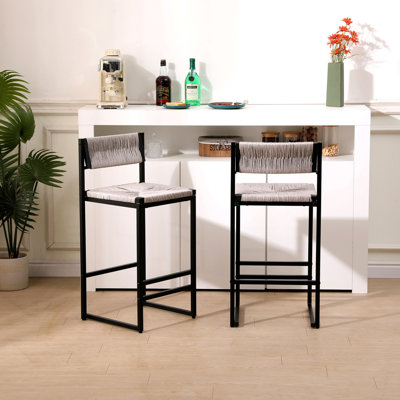 Set Of 2 Hand Weave Bar Stools With Back Counter Height Bar Chairs Paper Rope Woven Dining Stool For Kitchen, Home & Office