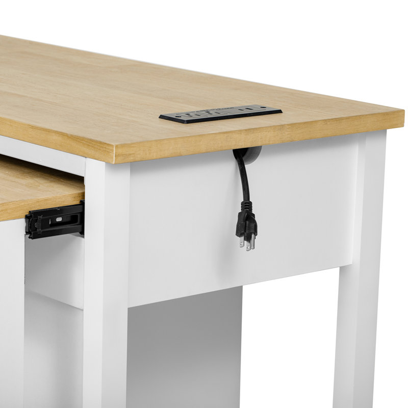 47 inch Kitchen Island with Extendable Dining Table, Rubber Wood Veneer Kitchen Table with Internal Storage Rack, Power Outlet, Kitchen island with Storage 2 Drawers 2 Cabinet