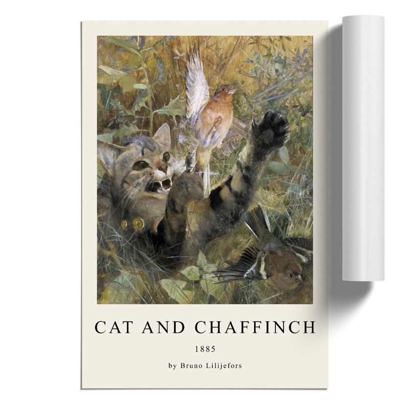 A Cat And A Chaffinch Bird by Bruno Liljefors - No Frame Painting, 59cm H x 42cm W x 0.1cm D