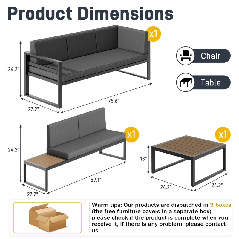  Ensemble de canapé modulaire en aluminium 3 pièces pour conversation avec canapé, Non, Oui, Gris