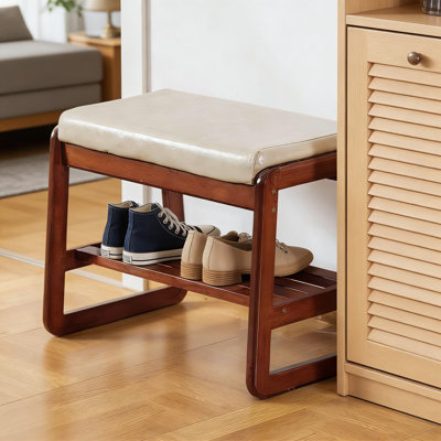 Banc à chaussures en bois massif avec coussin, banc de rangement pour hall d'entrée à 2 niveaux, range-chaussures moderne pour le couloir et le salon