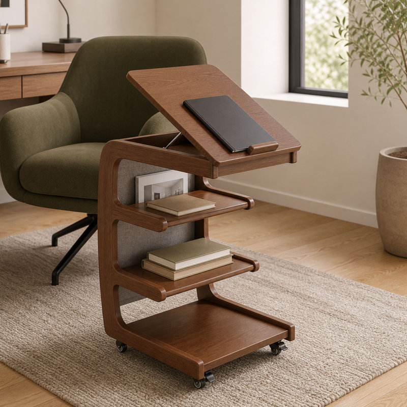 Table d'appoint roulante en forme de C avec bureau inclinable réglable et rangement