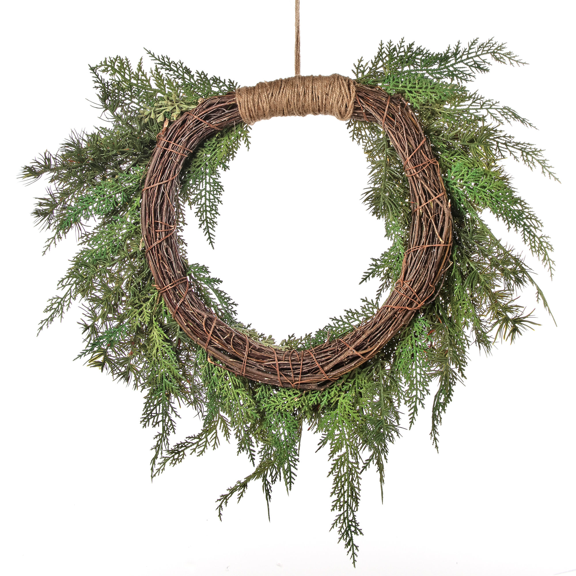 Faux Pine Polyethylene Plastic Wreath, 25.98" H x 25.98" W x 5.91" D