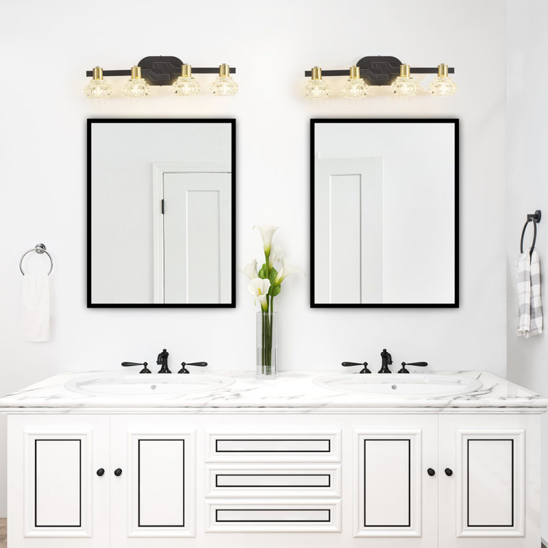 4 - Applique murale en cristal, fer noir, éclairage rétro pour la salle de bain et le couloir, écoénergétique, facile à installer, 4 lumières de style rétro, abat-jour en cristal, mat + doré, comptoir de meuble-lavabo, économie, installation