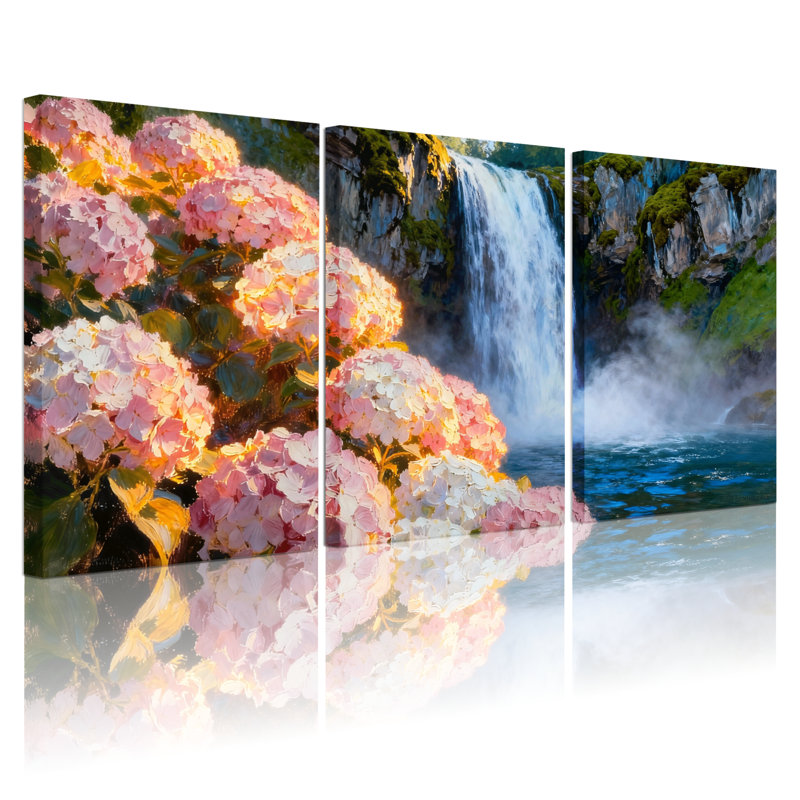 «Hydrangea Floral Waterfall Landscape Reflection», ensemble de 3 impressions sur toile, H 18 po x l 36 po