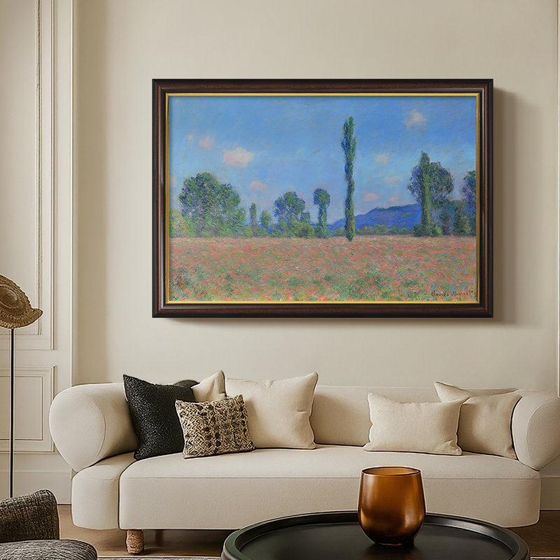 Poppy Field (Giverny), 1890-1891-Claude Monet-Custom Framed Canvas, Walnut Gold Lip, 28X40, No