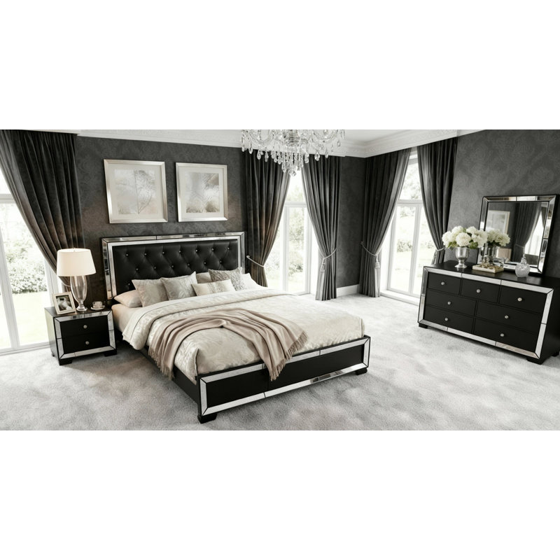 Fazeley LED Lighted Mirror - 4 Piece Bedroom Set, Black, Queen