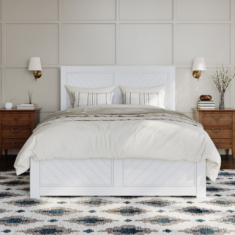 Jeinny Solid Wood Platform Bed with Matching Footboard & Storage Drawers, White, Full