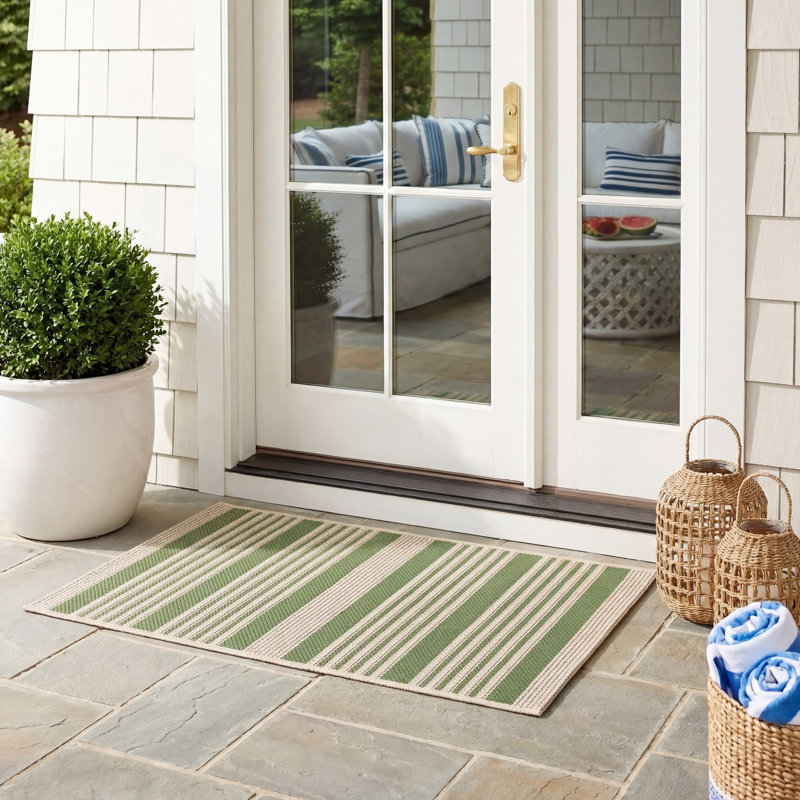 Arneshia Striped Machine Made Power Loom Acrylic Indoor / Outdoor Area Indoor/Outdoor Area Rug in Green/Beige