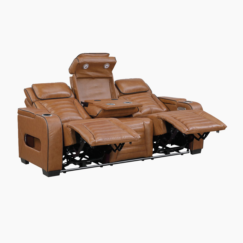 Ensemble de salon inclinable électrique en cuir fleur 3 pièces Roush, Brun