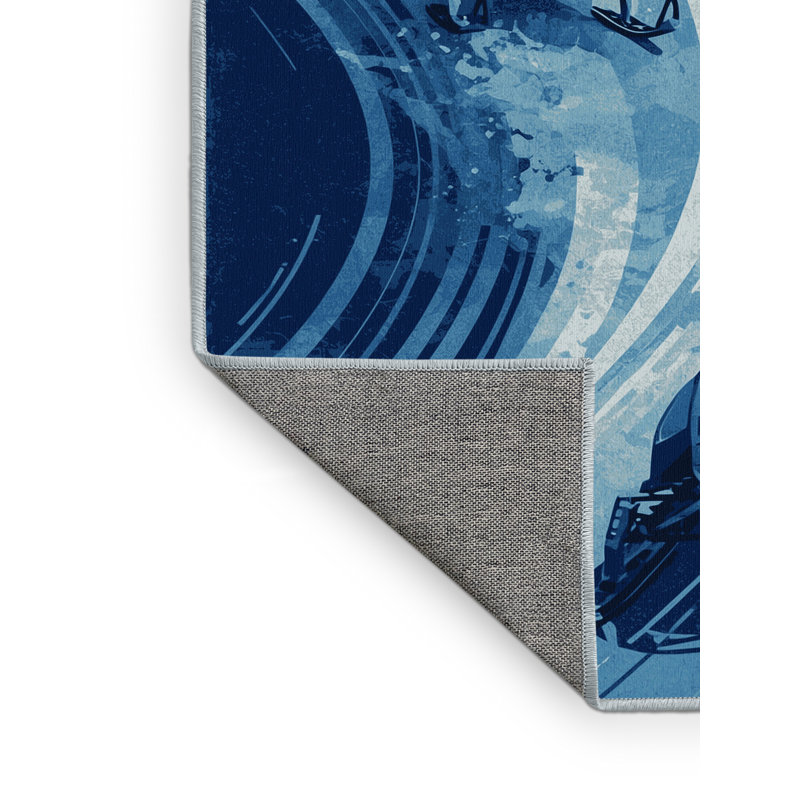 Machine Washable Seth Snowmobile Race Bold & Eclectic Modern Arc Rug in Blue – SkyBlue Binding, 3x5