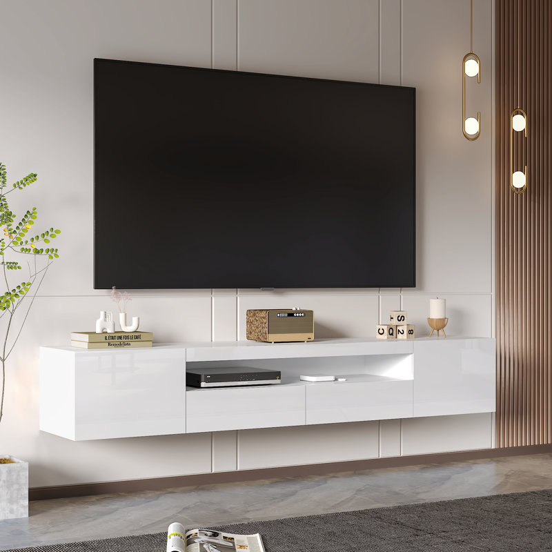 Meuble télé moderne flottant à DEL avec téléviseurs de 80 po ou moins, console multimédia ultrabrillante avec rangement pour le salon