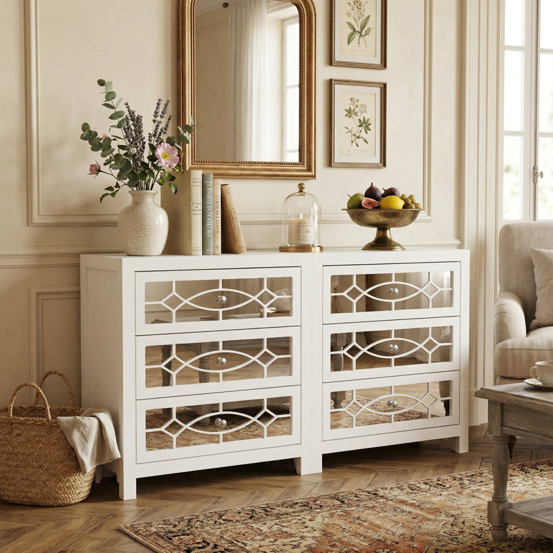 2-Piece White Dresser With Mirrored Drawers