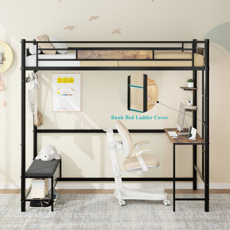 Structure de lit simple mezzanine avec rangement, bureau en L et station de charge