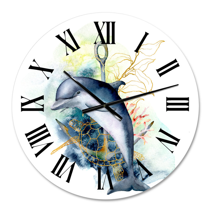 Ancre de tortue dauphin et plantes de récif corallien linéaire - Horloge murale nautique et côtière, Surdimensionné