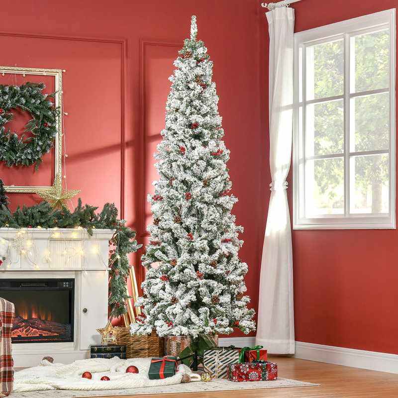 Arbre de Noël artificiel enneigé 7,5 pi avec 600 branches de pin réalistes, pommes de pin, baies, ouverture automatique