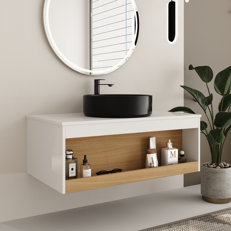 Ensemble de meuble-lavabo mural simple 36 po avec lavabo rond en céramique, Black