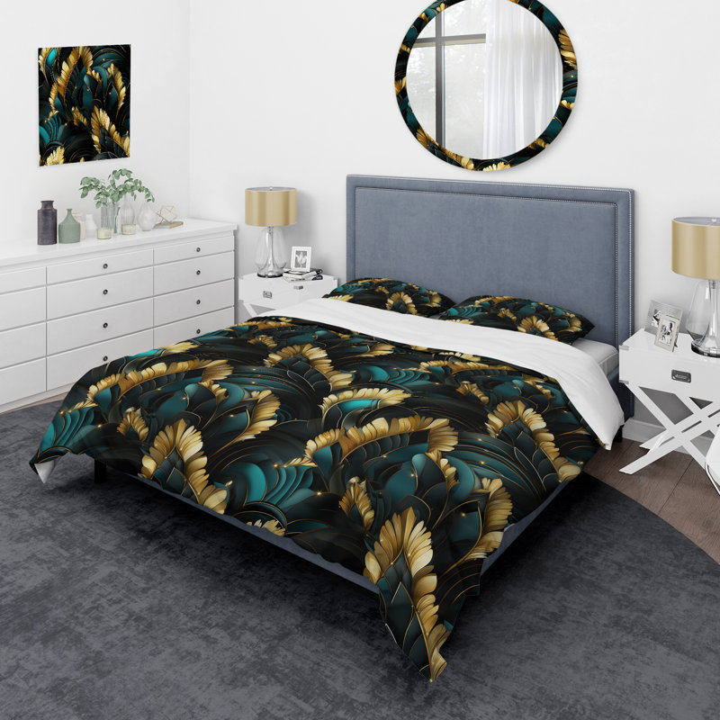 Ensemble de housse de couette en marbre Emerald And Gold Art Deco Pattern I, Housse de couette pour très grand lit et 2 très