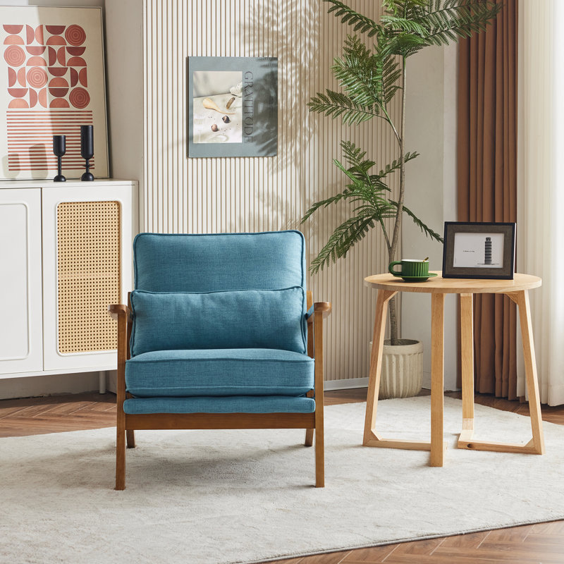Chaise d'appoint rembourrée Elizabeth avec pieds en bois et un coussin, Lin bleu marine