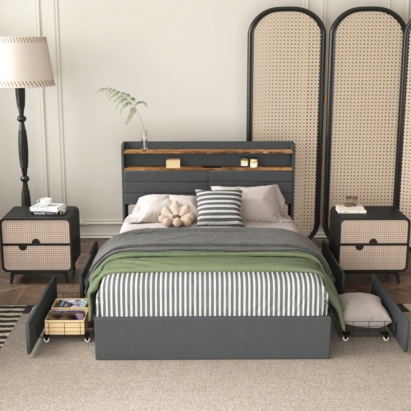 Queen Size Upholstered Platform Bed with LED Light, Charging Station & 4 Storage Drawers, No Box Spring, Noise-Free, Easy Assembly