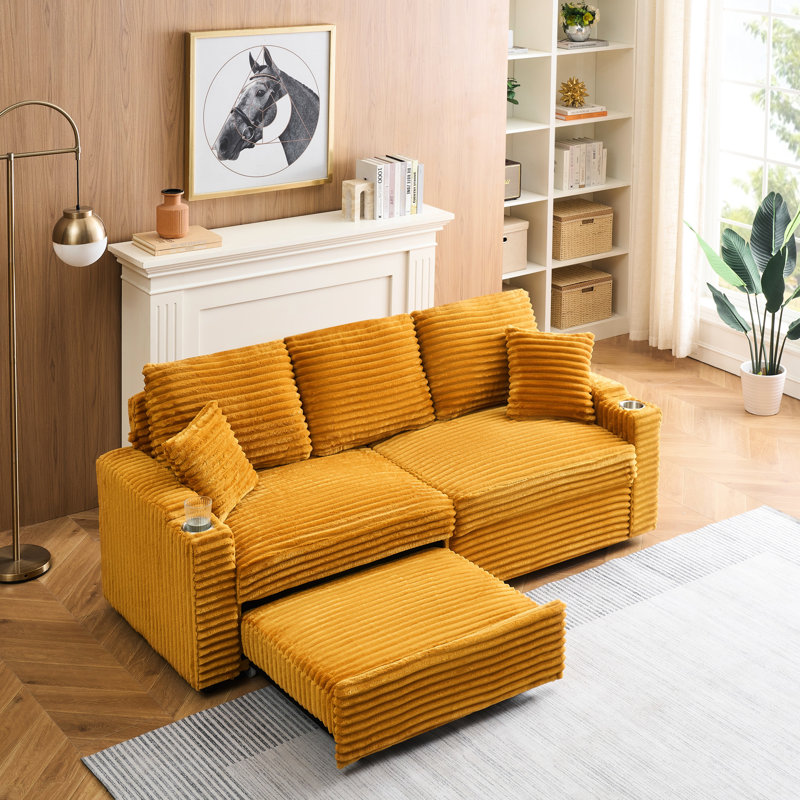 80 pouces orange, velours côtelé, trois sièges, coulissant, inclinable et pliable, porte-gobelet et coussins pour un salon en velours côtelé