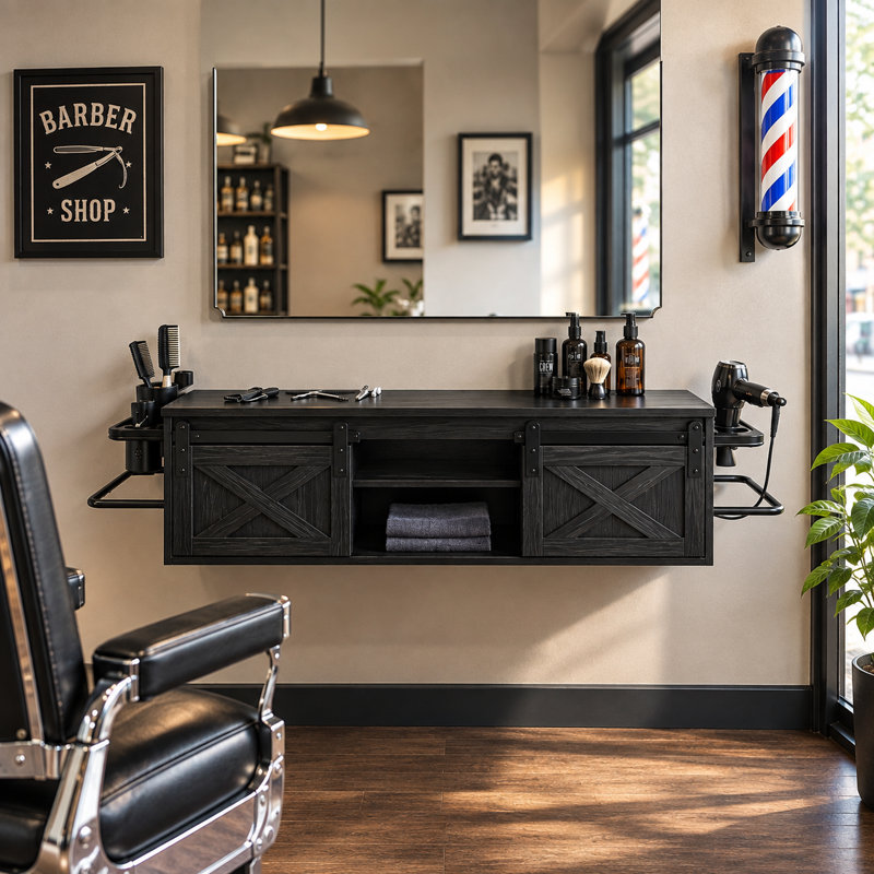 Station de salon murale, coiffeuse avec 2 portes de grange coulissantes, Blanc