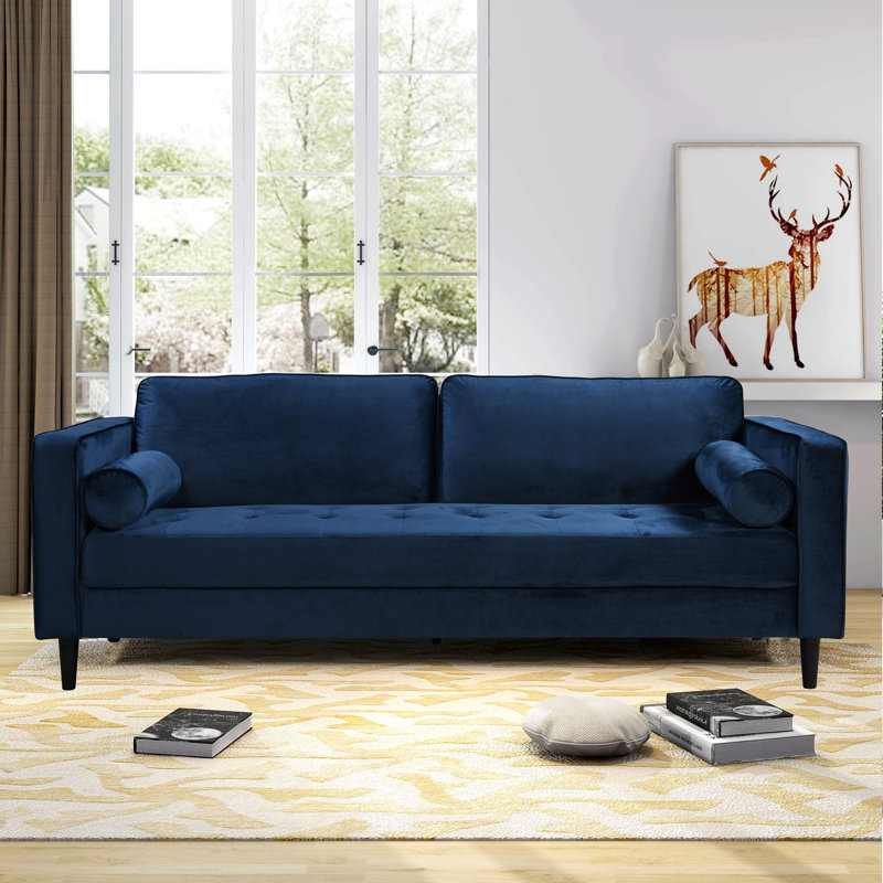 Jeses 81.5" W Mid-Century Modern Sofa,  Dark Blue Polyester Blend