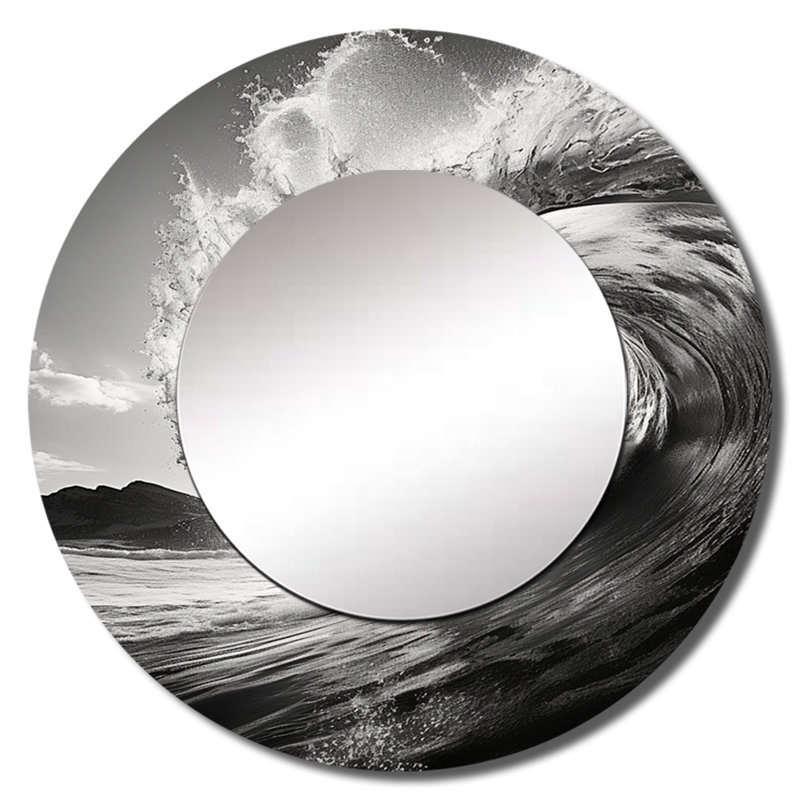 Photo en noir et blanc Wave I - miroir mural décoratif de plage, miroir gris, impression d'art en métal, 23 po x 23 po, Rond