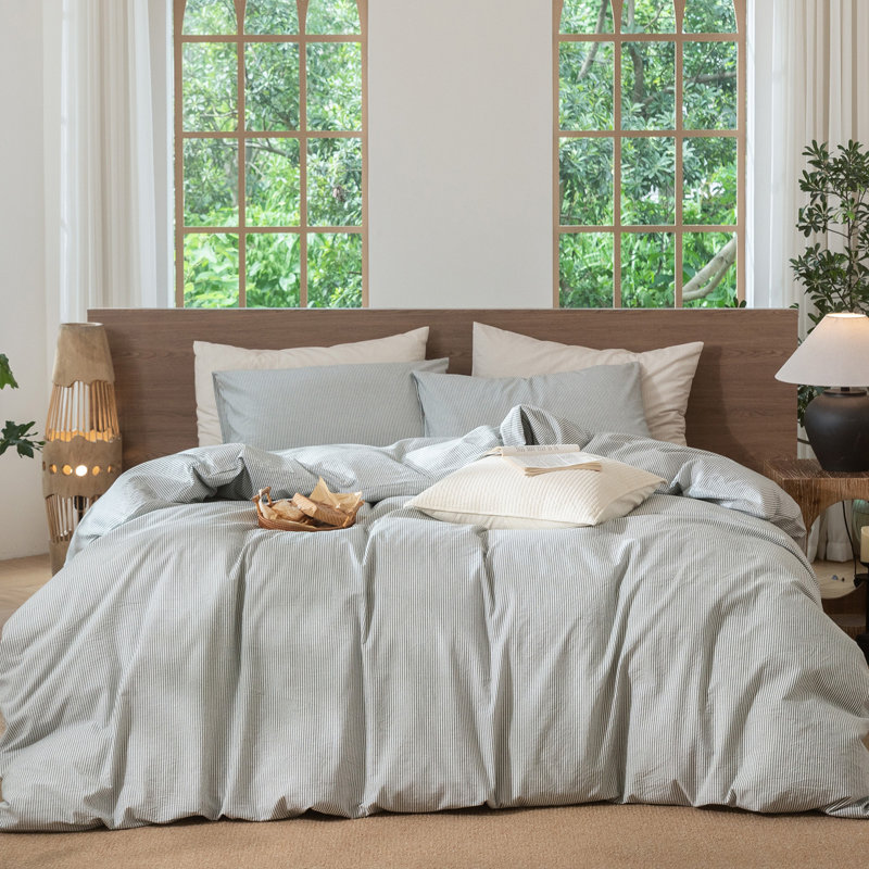 MooMee Striped Duvet Cover Set 100% Washed Cotton Linen Like Textured, Queen Duvet Cover + 2 Standard Pillowcases