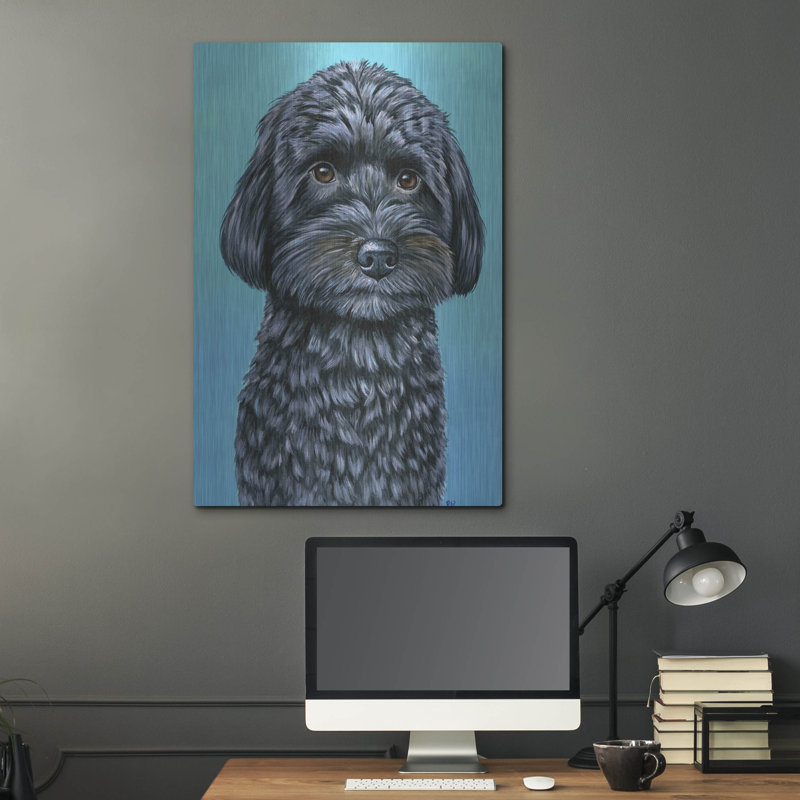 Art mural en métal 24 po x 36 po Winston Porter «Cute Schnoodle On Teal» par Rebecca Wang