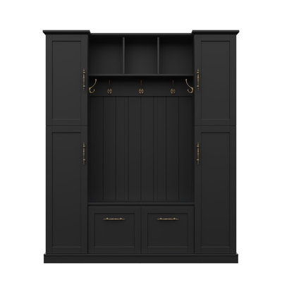 Arbre d'entrée de style campagnard élégant avec 4 armoires latérales, meubles de vestibule tout-en-un avec tablettes réglables et casiers ouverts, banc d'entrée en porte-baguettes avec portemanteau et 5 crochets pour le couloir, noir