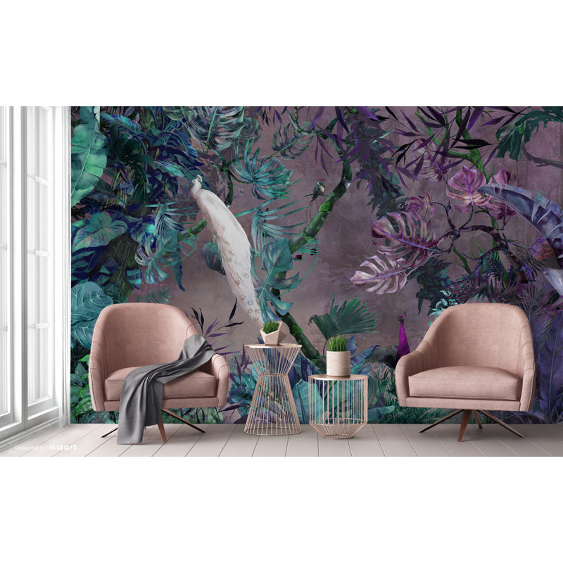 Papier peint exotique paon blanc, Mauve, L 54,96 po x l 81 po