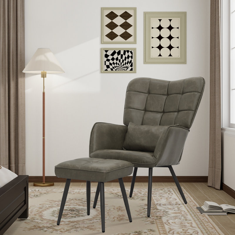 Torianne Faux Leather Wingback Chair with Ottoman, Gray Faux Leather
