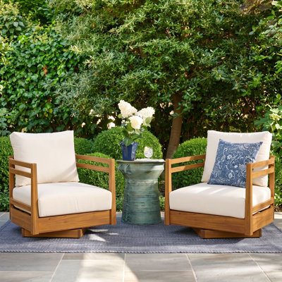 Derwent Mid-Century Modern Acacia Wood Outdoor Swivel Accent Chair with Cushions for Patio, Porch, Backyard & Garden