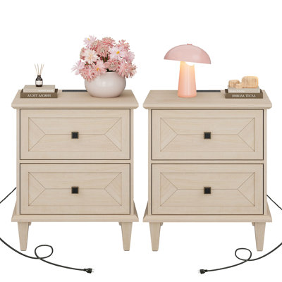 Table de bout Farmhouse avec station de charge, table de chevet 2 tiroirs