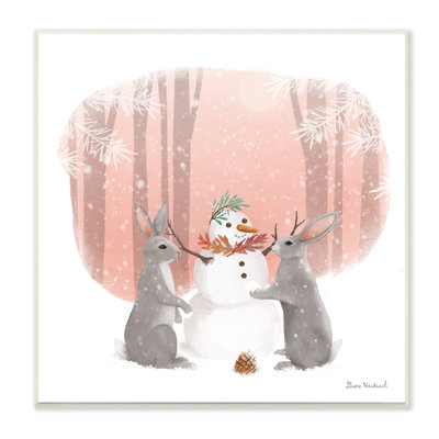 «Winter Rabbits Building Snowman Snowy Forest Scene», art mural par Diane Neukirch