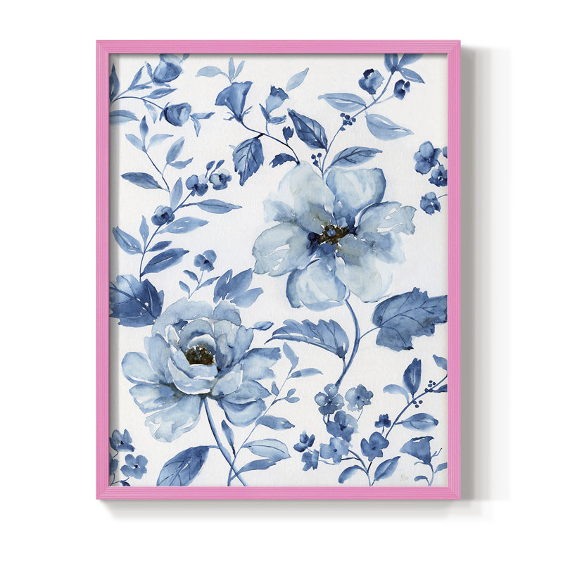 Imprimé encadré bleu chinois - bois massif, 15" H x 12" W, Rose
