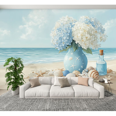 Peel and Stick Wallpaper Blue Ocean Beach Seaside Seashell Starfish White Flower Wall Murals 100"H x 144"W Removable PVC Wall Paper Self-Adhesive Wall Decor for Bedroom Living Room Home Office