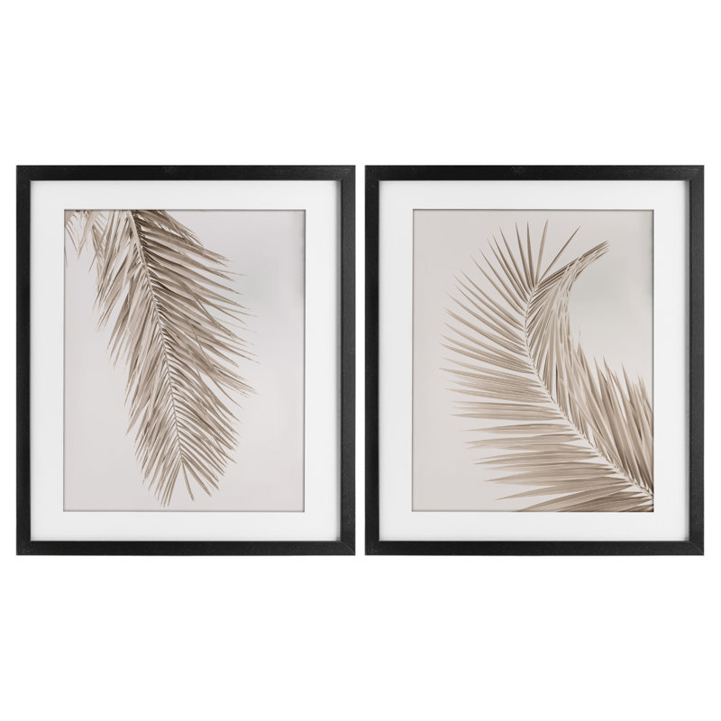 Ensemble de 2 impressions encadrées sous verre Mute Neutral Brown Palms, par Sissi et Seb, Cadre noir minuit