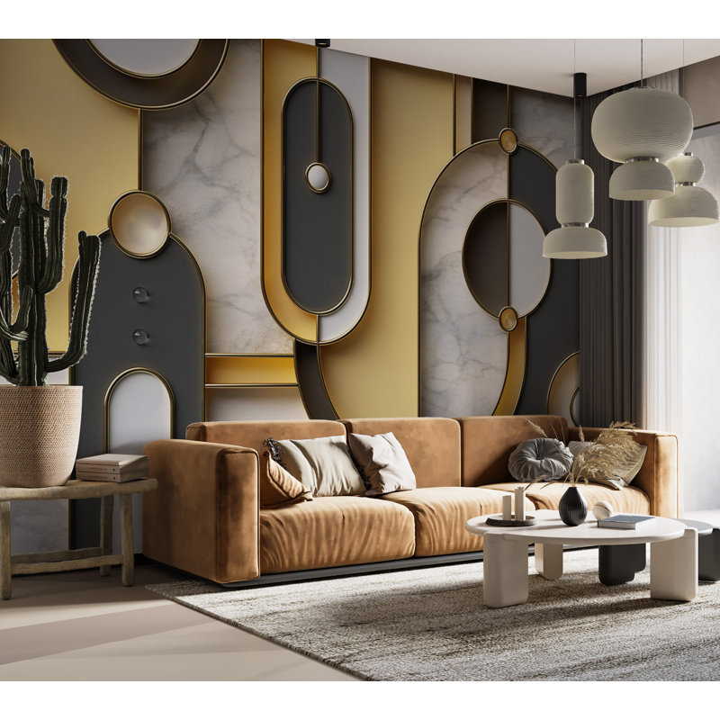 Murale abstraite pelez et collez - motif géométrique en marbre doré, L 41 po x l 57 po