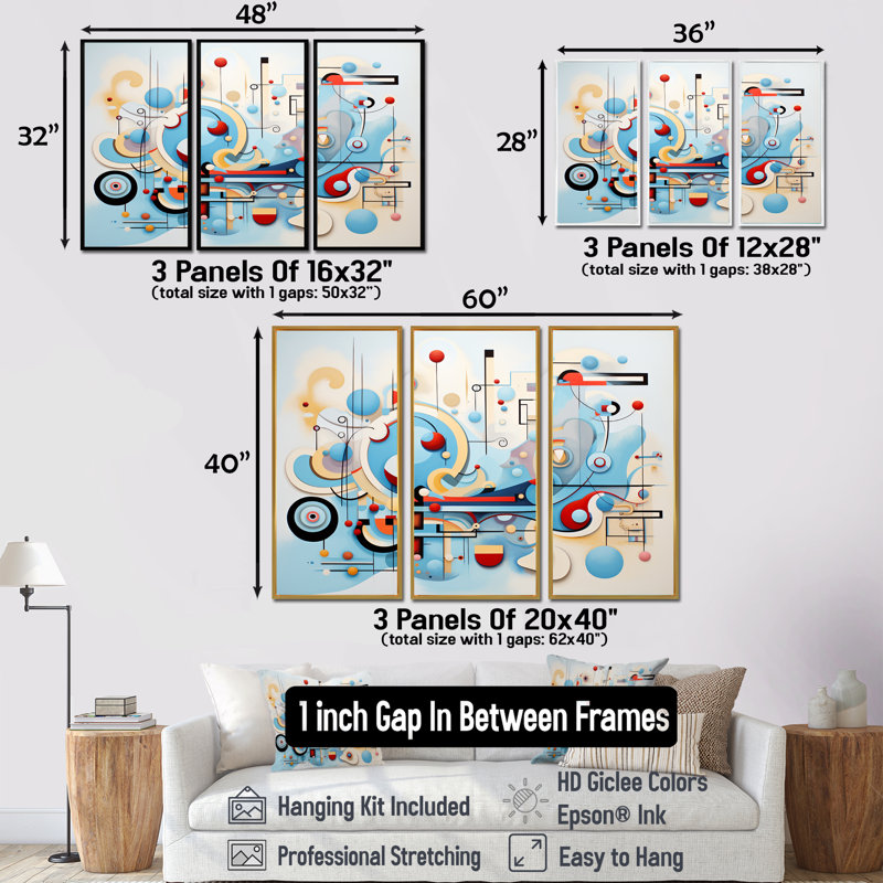 Mid-Century Symphony Blue Jazz I - ensemble de décoration murale géométrique, Cadre flottant doré, H 40 po x l 60 po x P 1 po